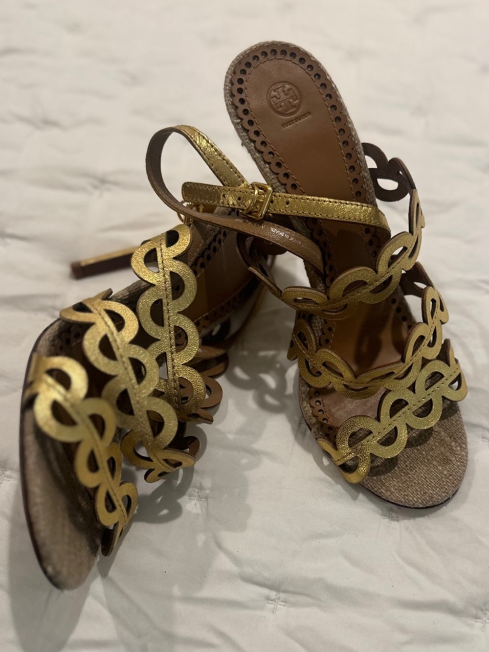 Tory Burch Metallic Gold Scalloped Strappy Heels - Picture 3 of 4